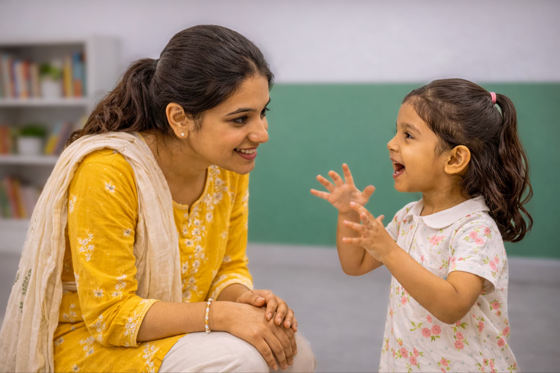 Woman in yellow traditional dress with beige shawl smiling warmly at young girl in classroom setting